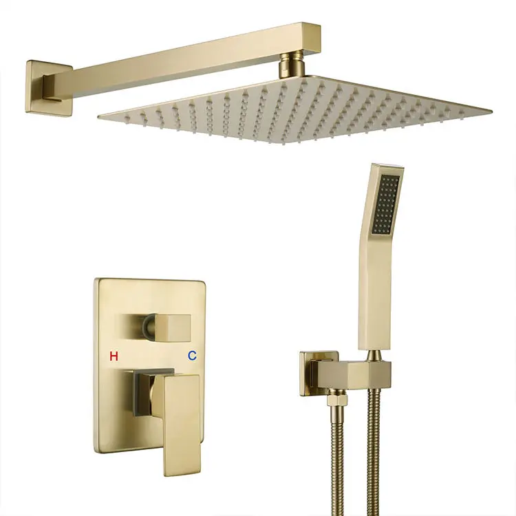 

High quality square shower head brushed gold shower tap mixer concealed bathroom shower faucet set