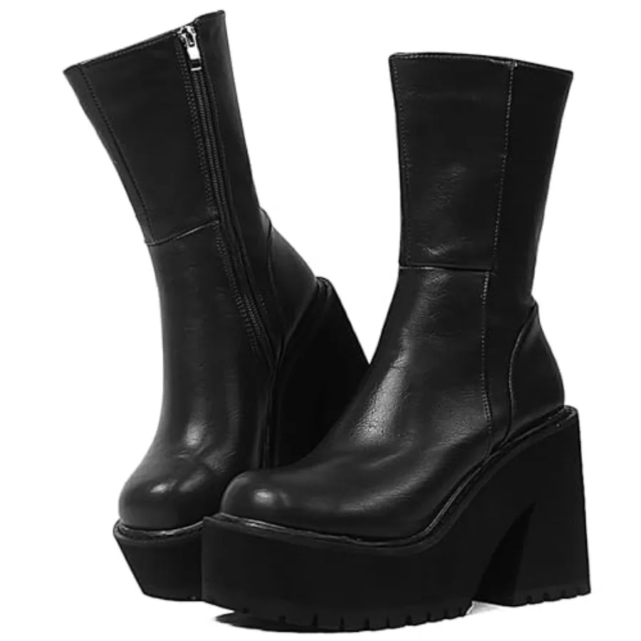 

AMINUGAL Womens Wedge Heel Ankle Boots Platform Zipper Punk Motorcycle Booties Chunky Block High Heel Round Toe Fashion Work Co