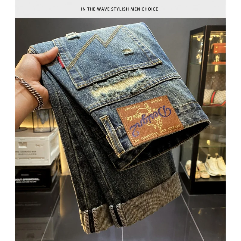 

luxury American High-End Trendy Ripped Patch Jeans Men's Loose Straight Cool Casual Autumn New Long Pants