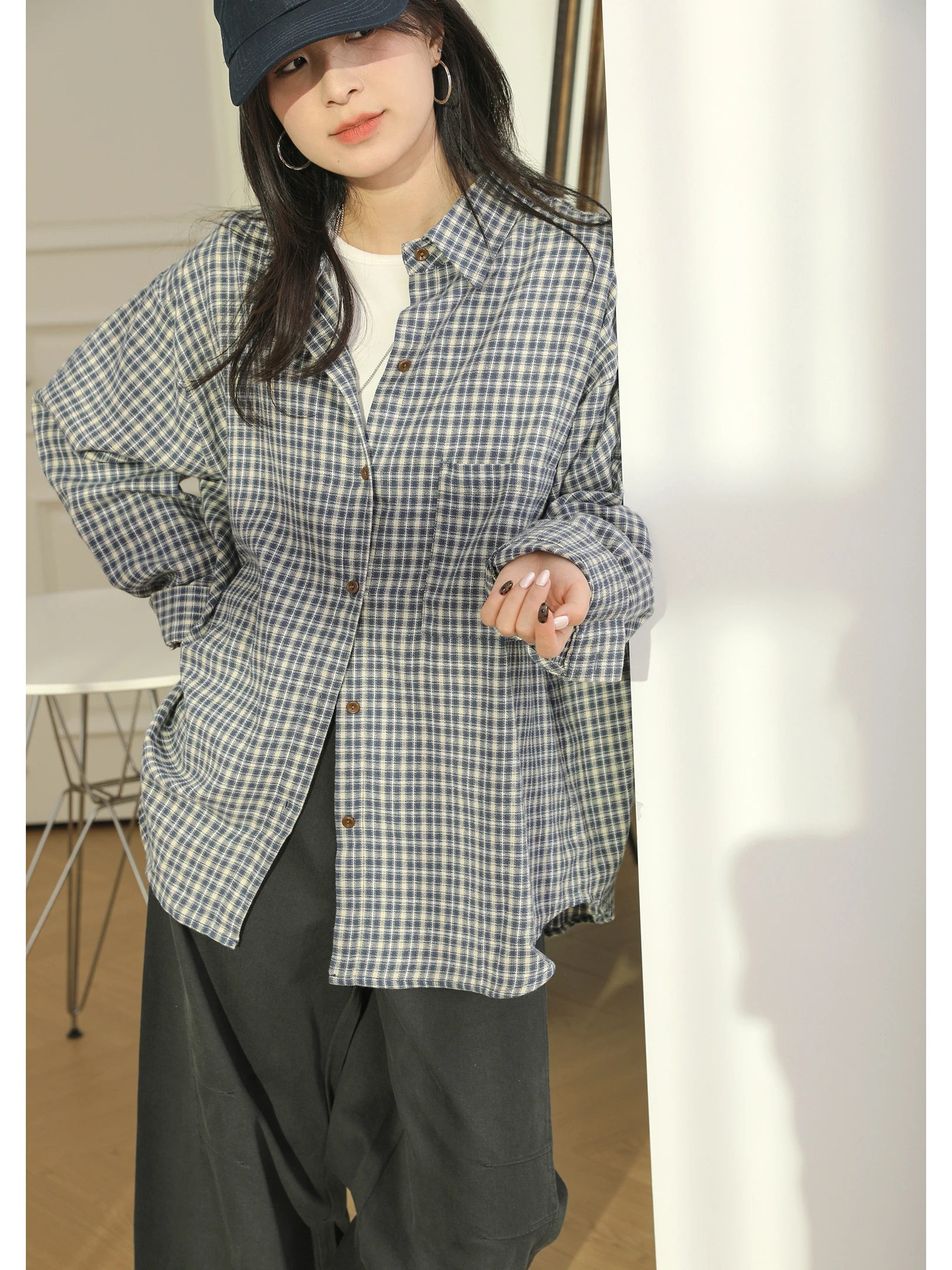 

Sanmu Social 2025 Autumn New Retro Loose Collar Plaid irt Jaet Versatile Slimming Ele Top Women's Faion Cotton Poly...