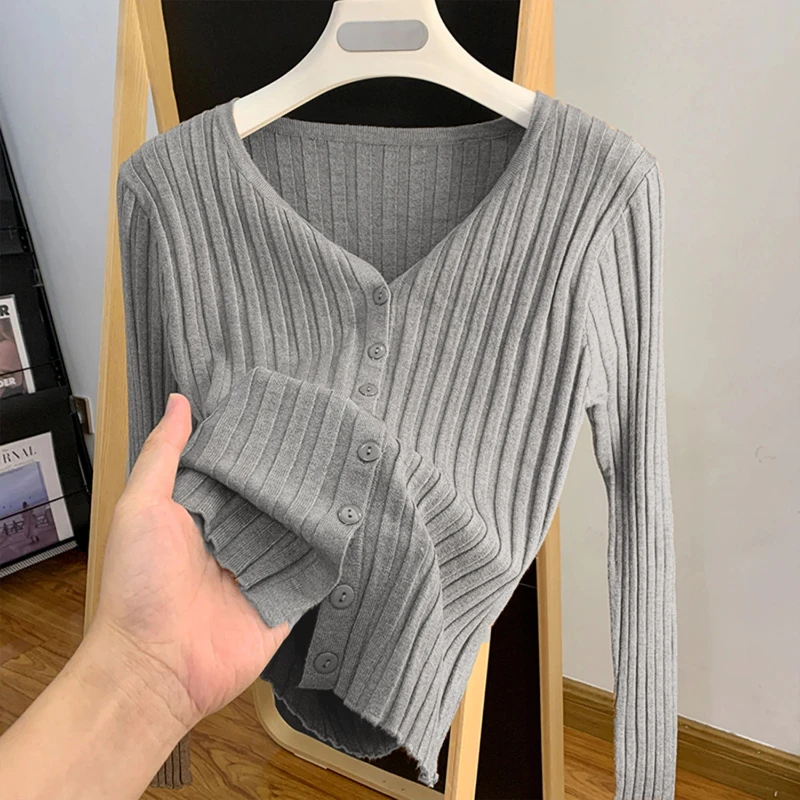 เสื้อคาร์ดิแกนถักแขนยาว คอวี เรียบหรู สไตล์เกาหลี สำหรับฤดูใบไม้ผลิและฤดูใบไม้ร่วง แฟชั่นเสื้อผ้าผู้หญิงสไตล์เกาหลี