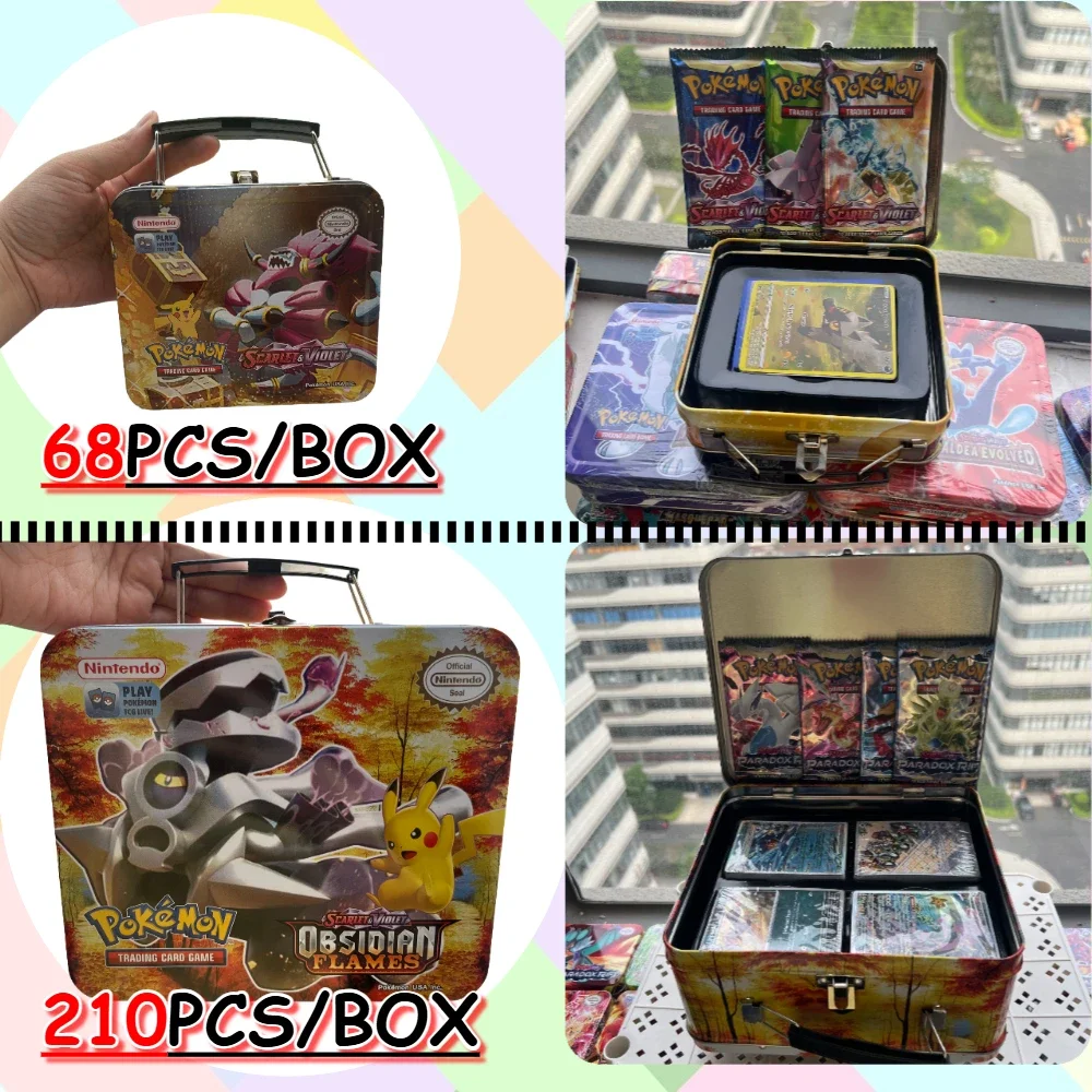 41/42/48/118 Uds nueva caja de Metal juguetes de batalla de Pokémon de hierro caja de Pokemons de origen perdido con juego de Pikachu cartas bancarias de Anime para niños