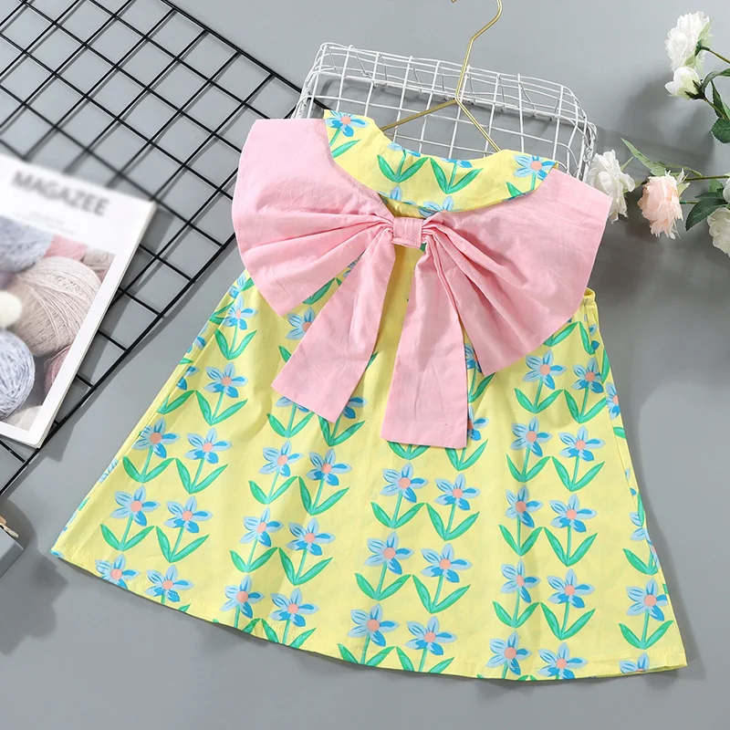 Summer Children Girls Princess Dress Korean Style Fashion Floral Print Doll Neck Design Bowknot Design