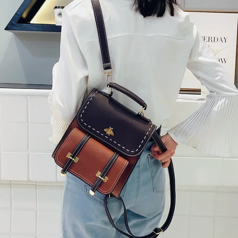 Women Vintage Bee Embellished Backpack Contrast Color Satchel Multi‑Way Convertible Shoulder Crossbody Handbag