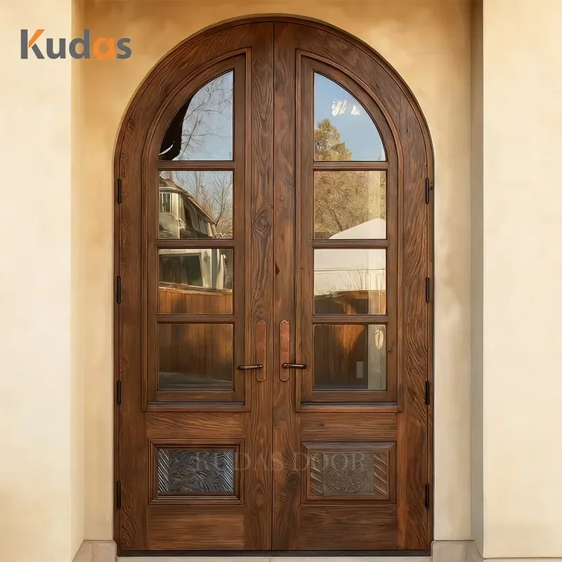 Customized Design Exterior Outdoor Arched Double Wooden Door Entrance Exterior Front Solid Wood Door