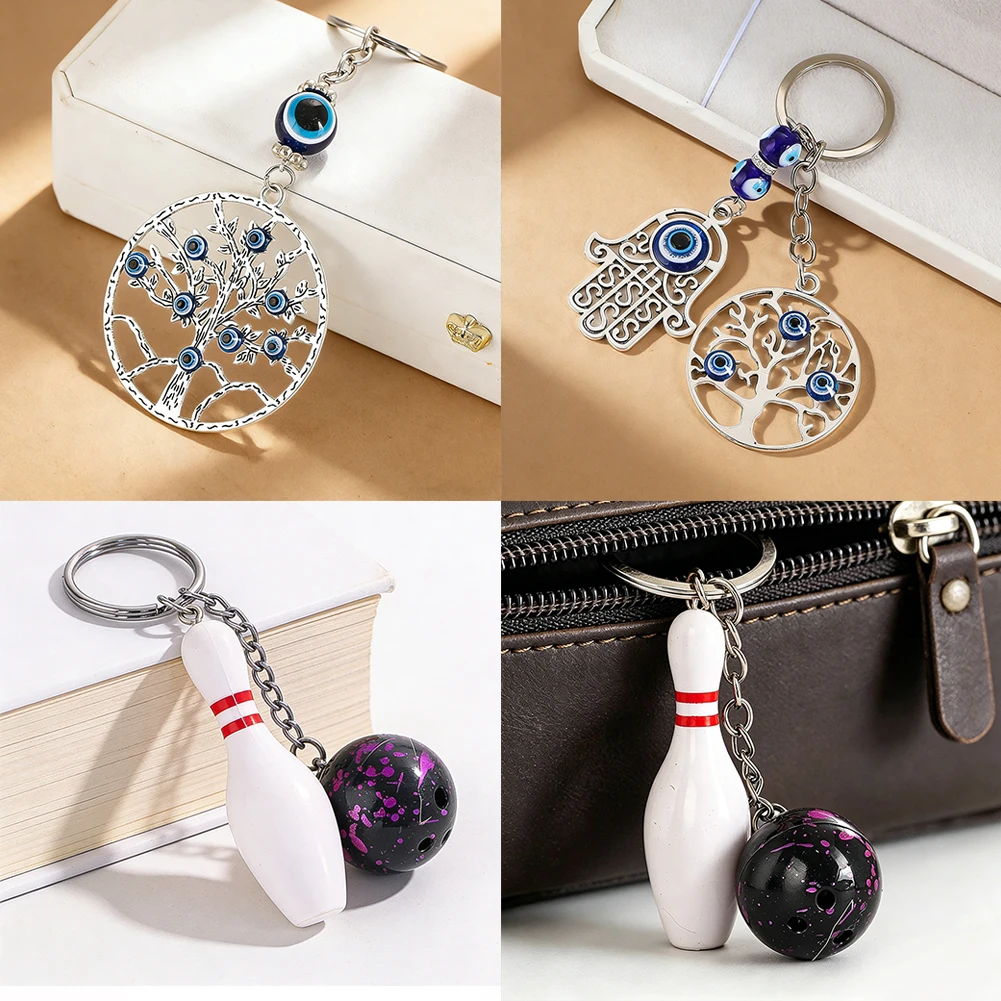 Colgante de llavero de boliche con diseño de Árbol de la Vida de ojos azules turcos, temática deportiva, Mano de Fátima, adorno metálico, amuleto de la suerte, accesorio para mochila