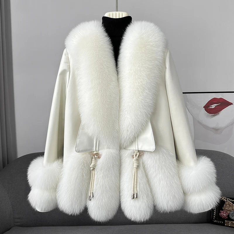 ZDFURS*Haining 2022 Popular Fox Fur Big Fur Collar Fur Coat Female Fur and Leather Overcoat Young Fashion down Jacket