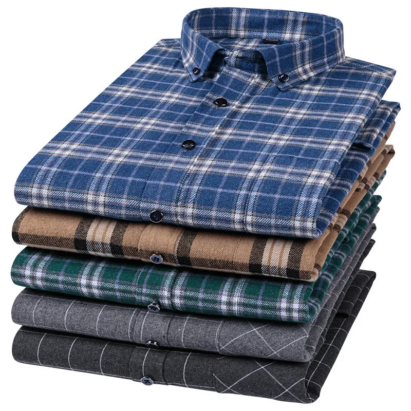 6XL Plus-size fashion classic Men\'s Light Luxury 100% cotton woolen plaid long-sleeved shirt free iron breathable spring new