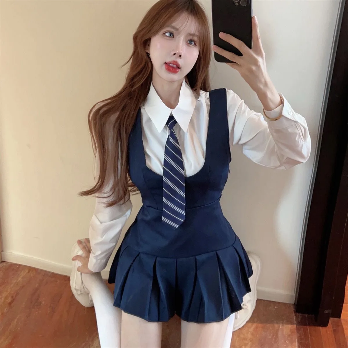 Spring Autumn Long Sleeve Uniform Dress Suit Navy 3 Piece Set Women's Tank Top Pleated Dress High Waist Slim Preppy Style Set