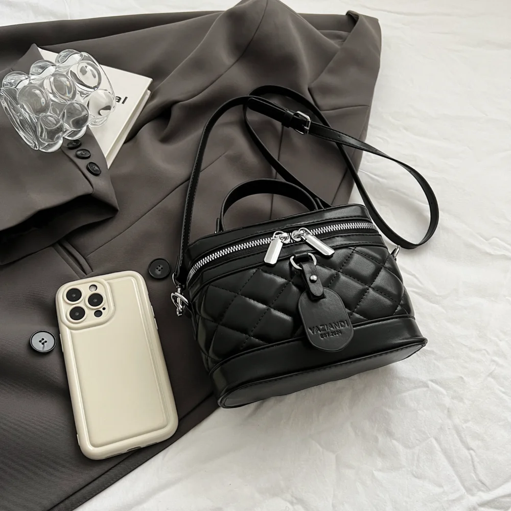 Black Mini Quilted PU Handbag, Solid Color Ladies Purse with Top Handle & Shoulder Strap, Classic Shoulder Bag