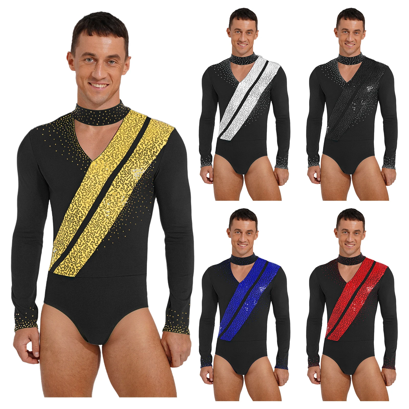 Mens Jazz Dance Leotards Long Sleeve Glittery Rhinestones Bodysuit Latin Dancewear for Rumba Chacha Ballet Ballroom Dance Shirts