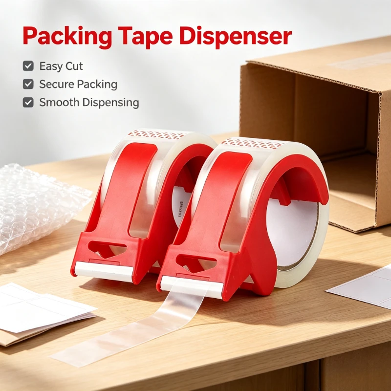 2pcs Packing Tape Dispenser with Clear Tape, Portable Red Plastic Cutter for Carton Sealing, Shipping and Moving