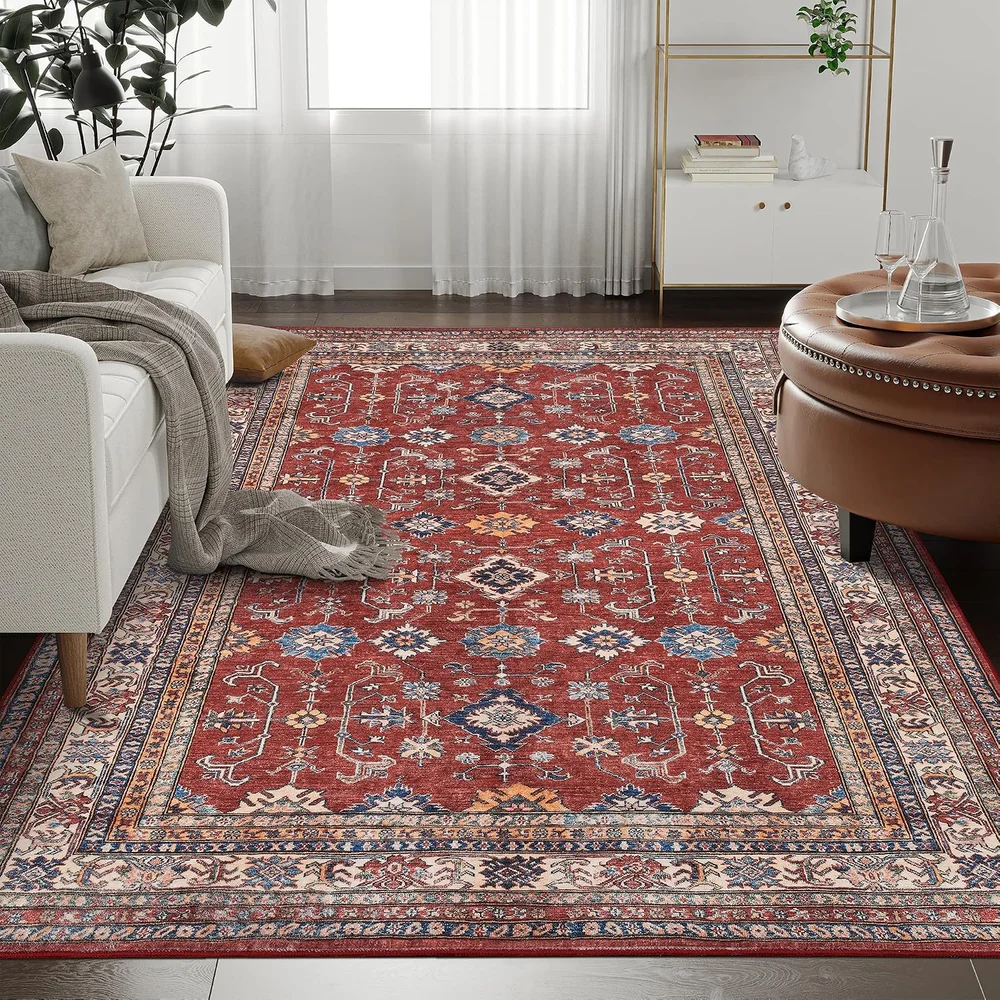 Large 8x10 Tribal Vintage Area Rug Burgundy Washable Foldable Stain Resistant Carpet for Bedroom Dining Room Home Decor