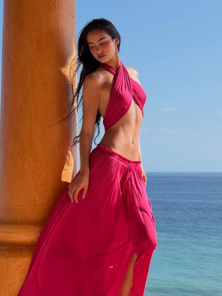 

Women's Boho Halter Neck Skirt 2-piece Set Elegant Camisole Collar Hollowed Out Crop Pleated Skirt Set Lady Vacation Party Dress