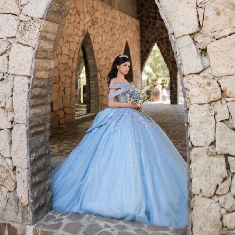 

Blue Quinceanera Dress off-shoulder Glitter Crystal Decal Lace Long tail Big Bow vestidos de 15 Quinceanera ﻿Customize