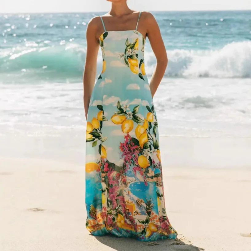 

European And American Women's Clothing Printed Suspenders Vacation Sleeveless Dress Fashion Backless Women