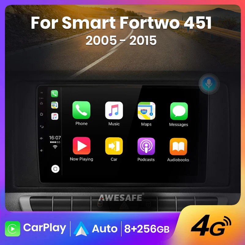 AWESAFE Wireless CarPlay Android Auto Radio for Mercedes Smart Fortwo 451 2005-2015 Car Multimedia Player GPS 2din autoradio