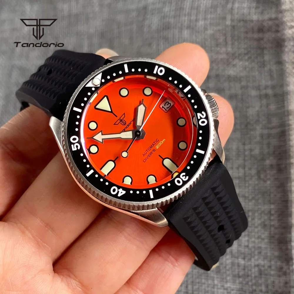 Tandorio NH35A 37mm 200M Dive Automatic Watch for Men Ladies Luminous Orange Dial Ceramic Rotating Bezel Sapphire Glass Date