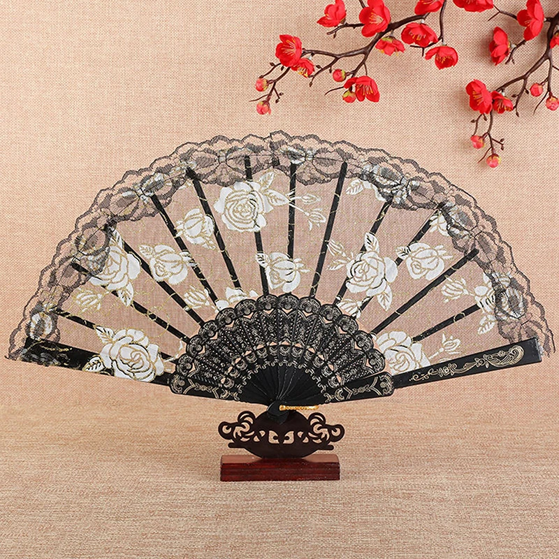 Gothic Fan Victorian Female Lace Hand Fan Vintage Colorful Rose Plastic Fans Cosplay Halloween Party Supplies