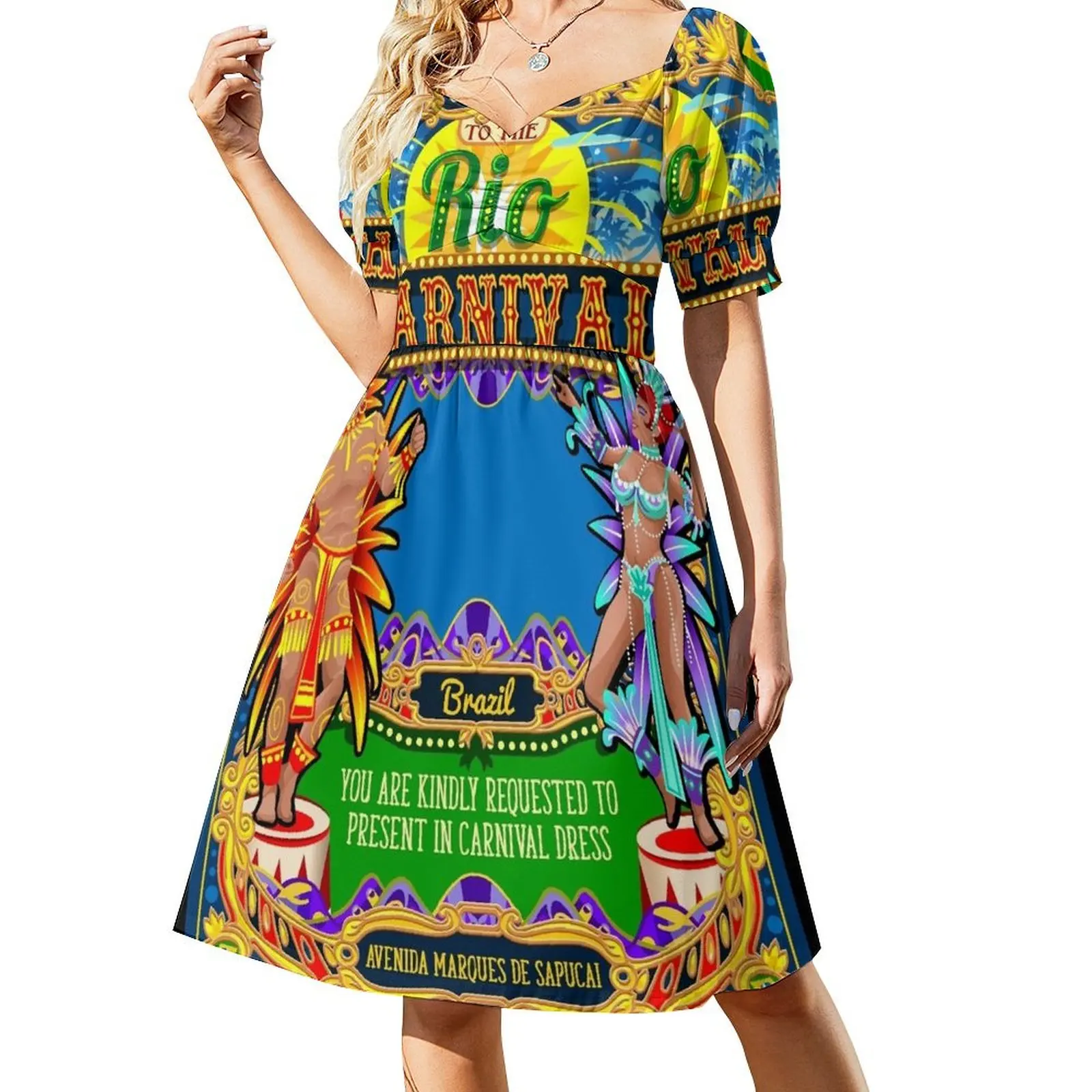 Rio Carnival Poster Frame Brazil Carnaval Mask Show Parade Short Sleeved Dress sexy dress evening dresses luxury 2025 Dress