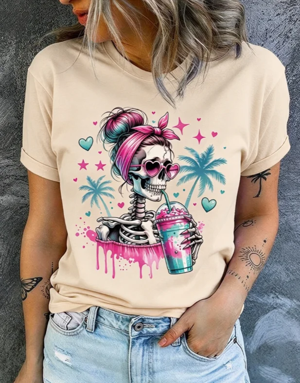 2026 Fashion New Women Crew Neck Short Sleeve T Shirt Skeleton Messy Bun Iced Drink Graphic Print Pink Blue Palm Tree Beach Y2K Casual Basic Top Tee