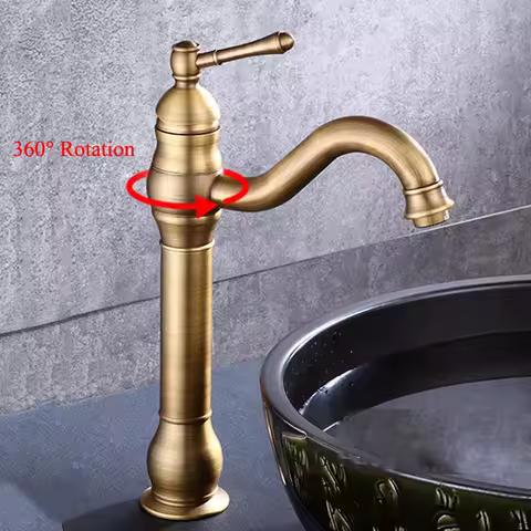 Antique Brass Basin Faucet Deck Mounted Single Handle Bathroom Accessories Crane Long Spout Lavatory Sink Hot Cold Mixer Tap