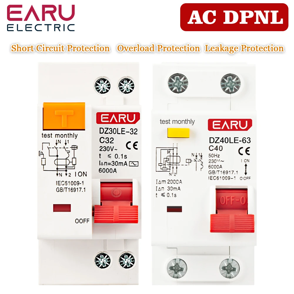 DZ30L DZ40LE EPNL DPNL 230V 1P+N Residual Current Circuit Breaker With Over And Short Current  Leakage Protection RCBO MCB 6-63A