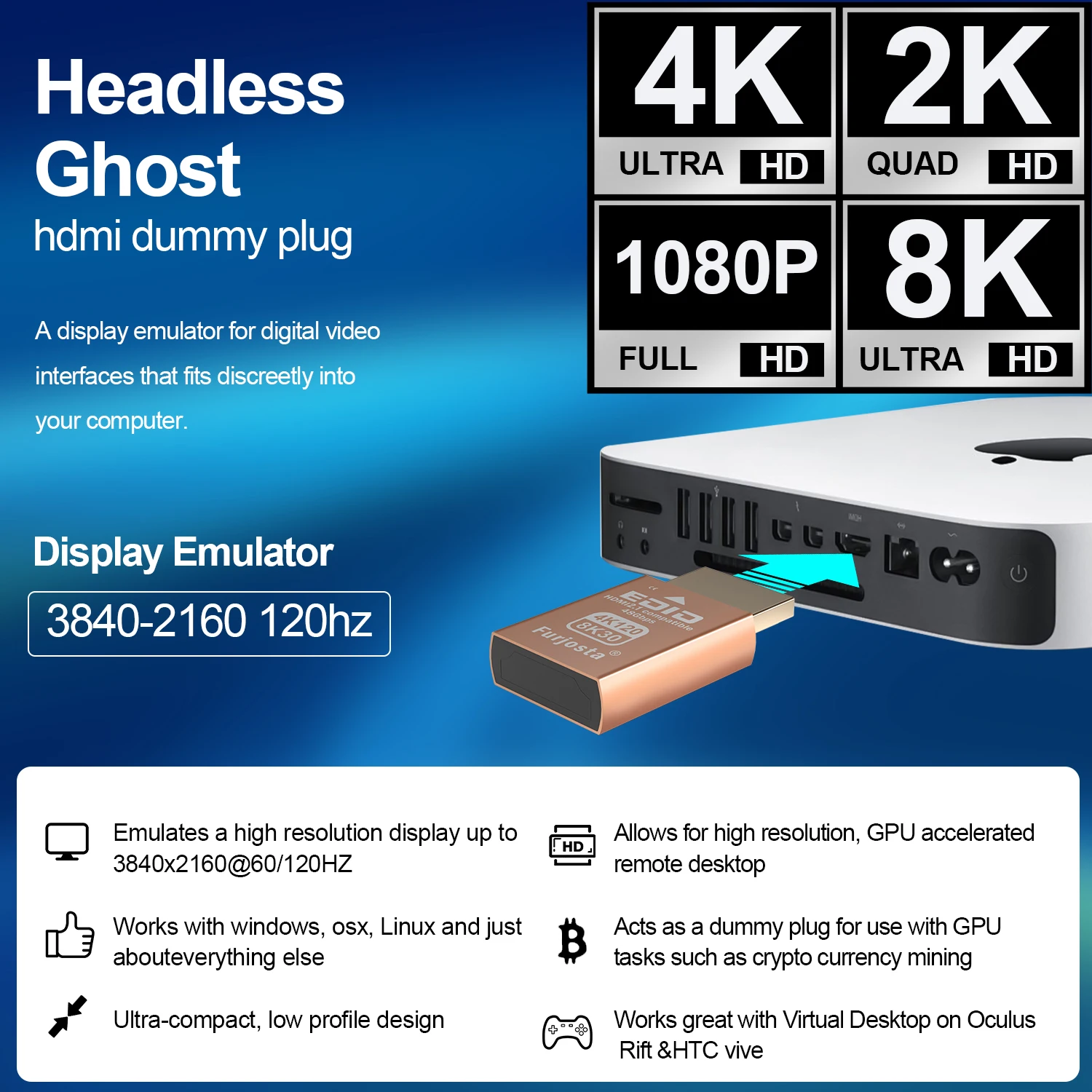 HDMI 2.1 Dummy Plug | 4K 120Hz & 8K 30Hz Virtual Display Emulator | Headless Ghost Adapter for PC, VR, Mining Rig - Image 2