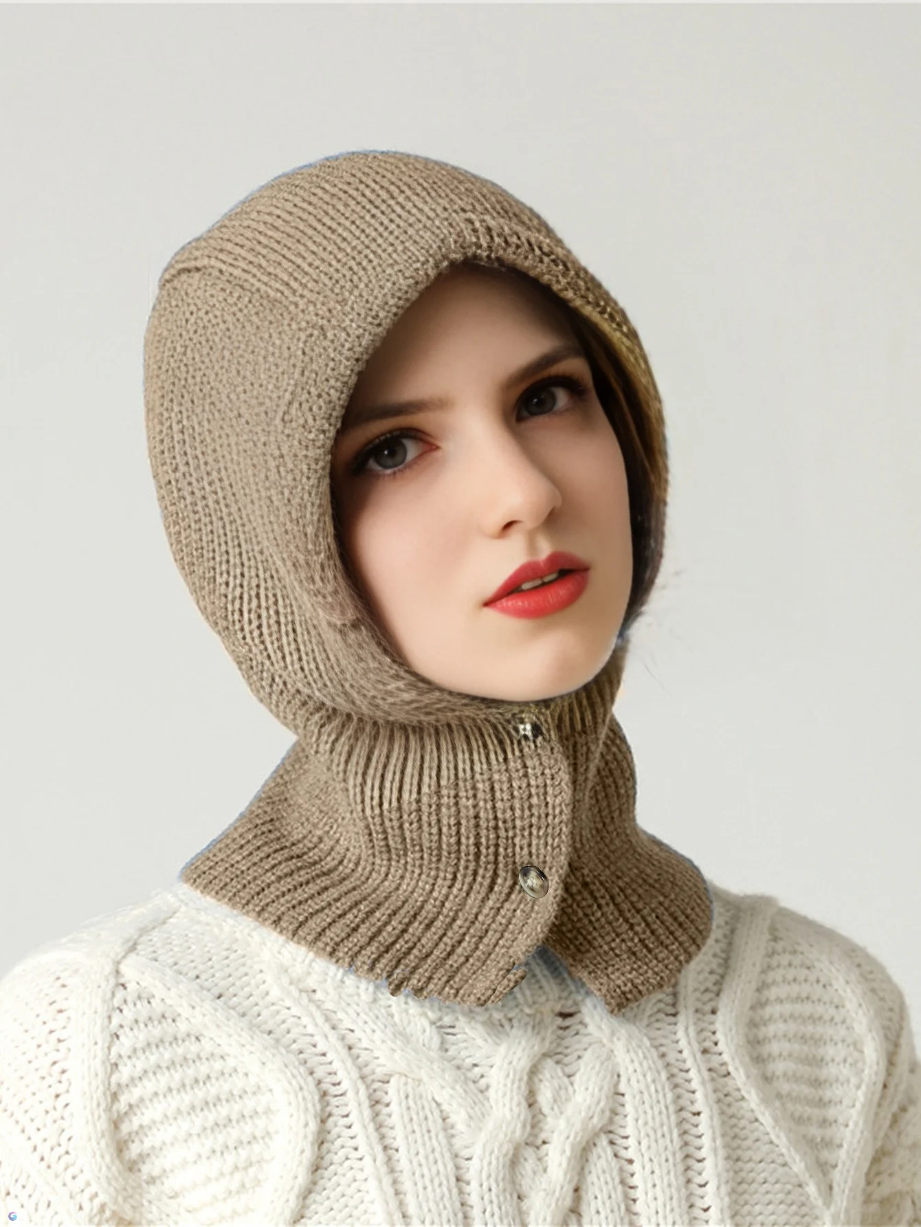 Women Knitted Wool Balaclava Hat Autumn Winter Soft Warm Wollen Scarf Beanies Button Adjustable Fashion Skullies Cap Girl