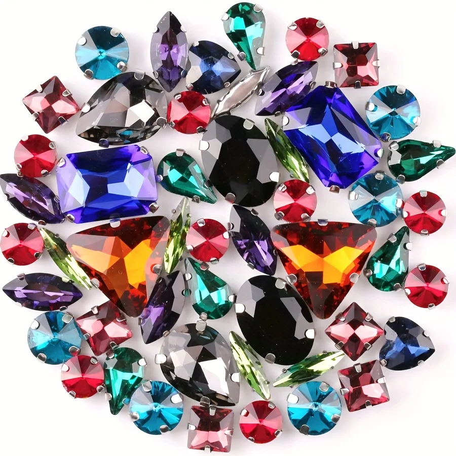 Strass de garra de cristal de vidro, 50 peças, formato misto, parte traseira lisa, cores ab, base prateada para roupas diy, sapatos, artesanato, contas