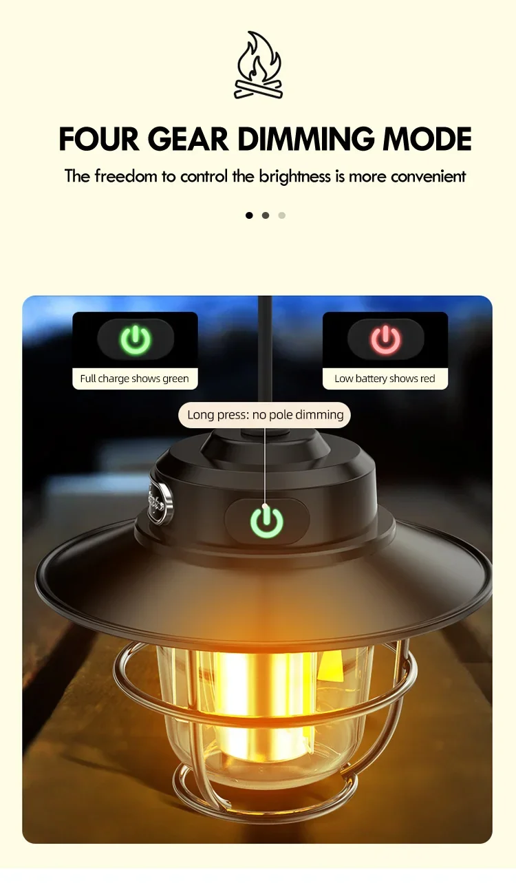 Lámpara LED para acampar, lámpara colgante Retro, luz portátil con atenuación continua para acampar, linterna de luz recargable impermeable para exteriores
