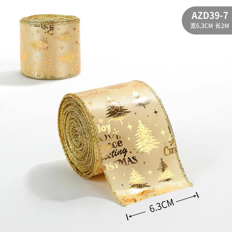 Christmas Wire Ribbon Width3.8cm/5cm/6.3cm Christmas Wire Cuffed Ribbon Gold Powder Decorative Bow Length 2m For Gift Wrapping