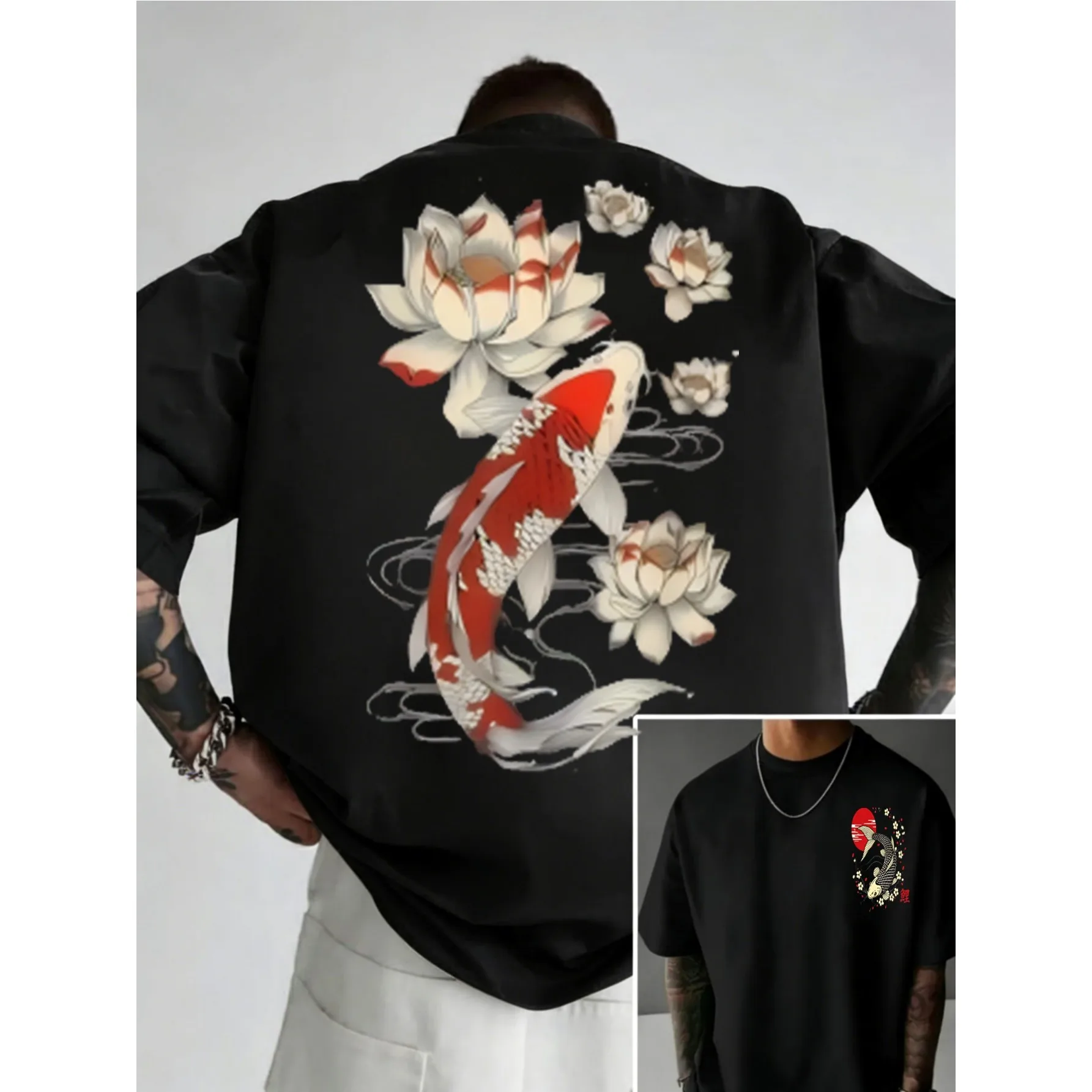 Koi Fish Lotus Print Men's Casual Cotton T-Shirt Short Sleeve Streetwear Graphic Tee