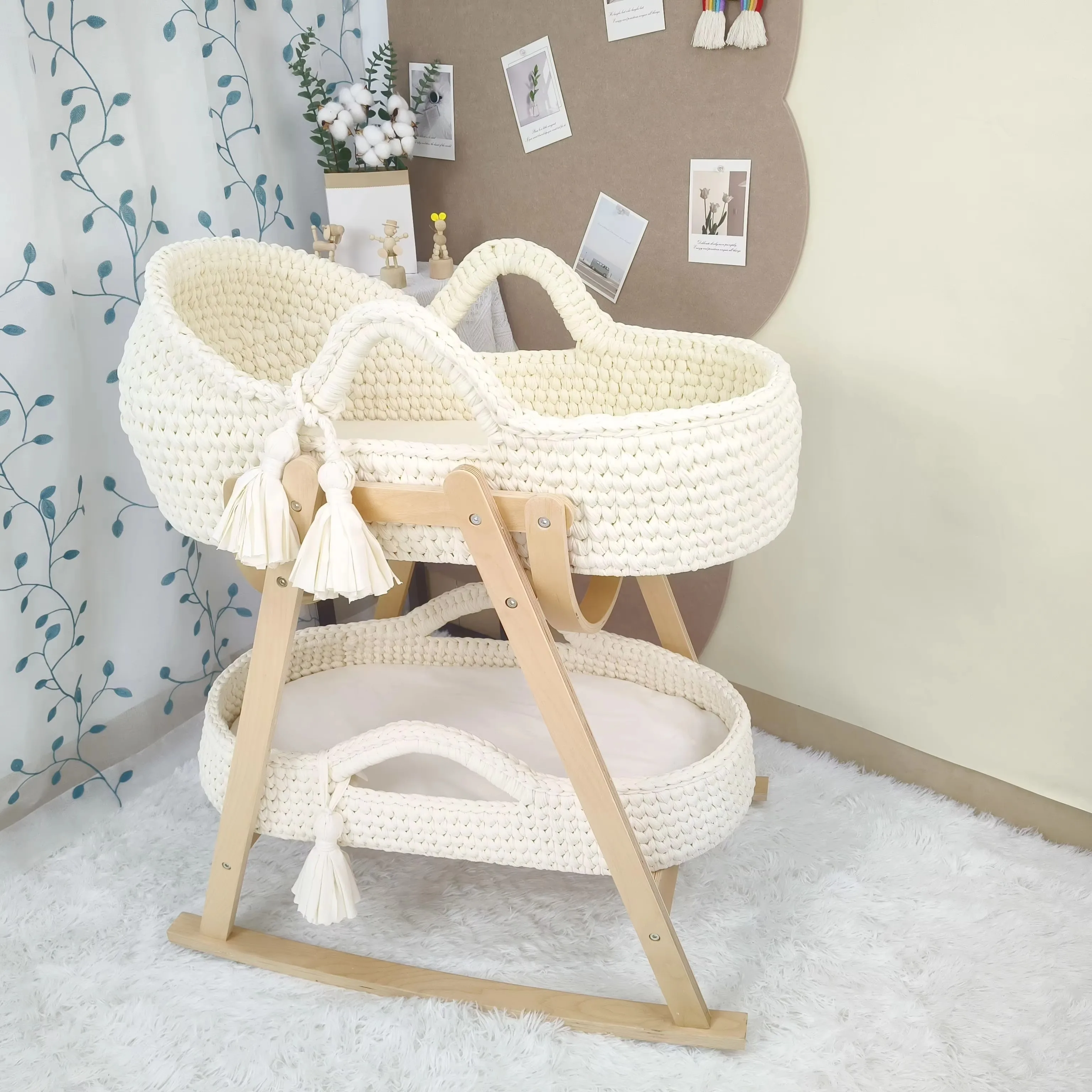 Handwoven Beige Baby Cradle, Crochet Bassinet, Portable Moses Basket, Newborn Lounger, with Wooden Stand and Soft Mattress