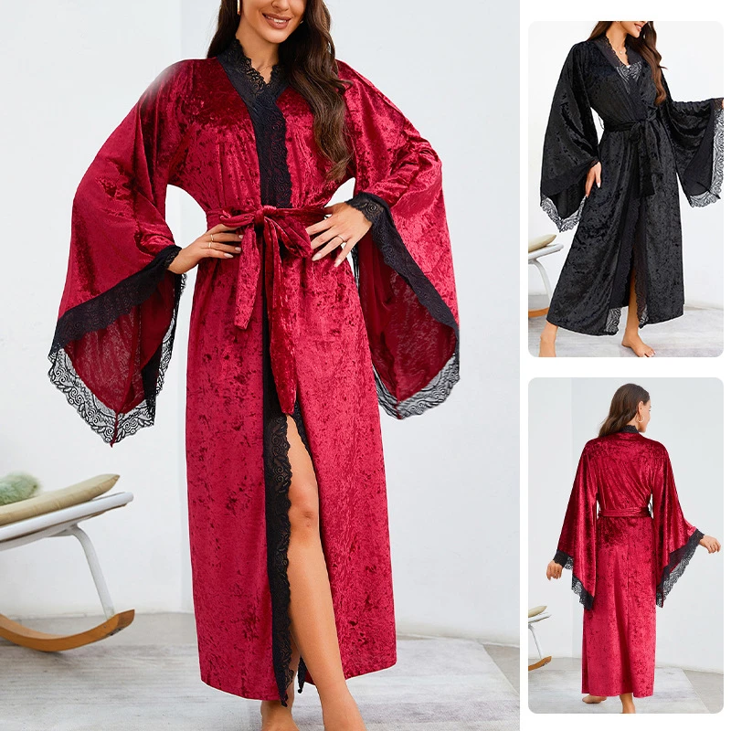 Bata larga de terciopelo con cordones para mujer, ropa de dormir Sexy, Kimono liso, albornoz, lencería íntima, ropa de dormir nueva para primavera y otoño