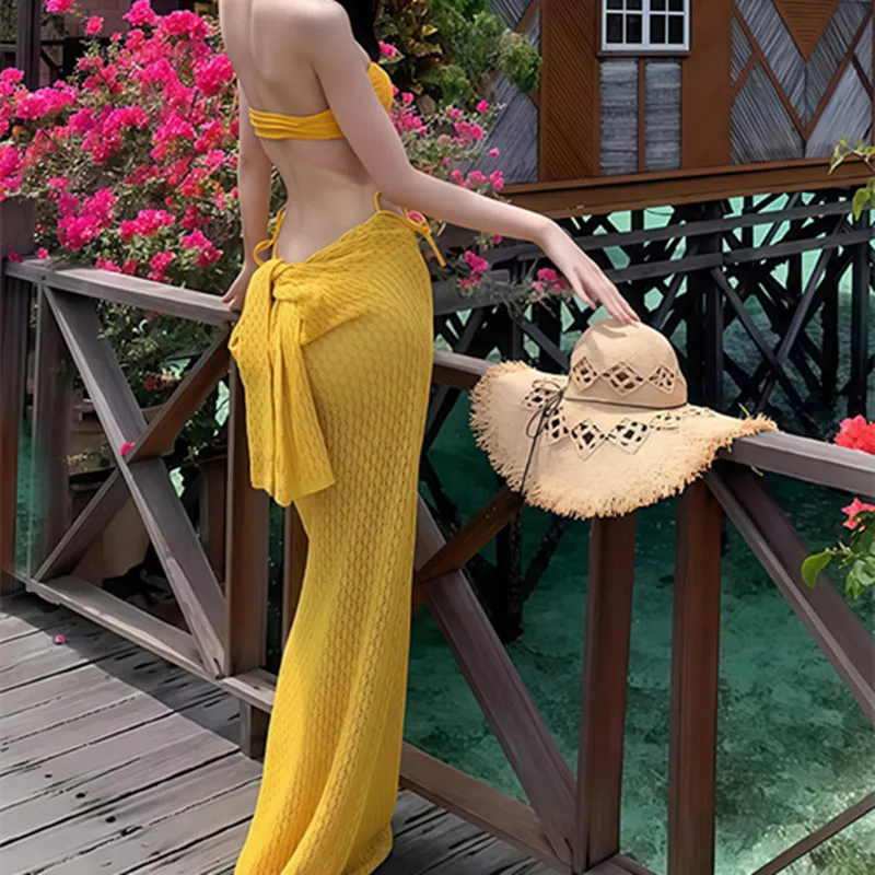 Damski strój kąpielowy tankini na lato 2025, słodki kostium kąpielowy 3-częściowy/zestaw, ochrona przed słońcem, seksowna długa sukienka, odzież plażowa na wakacje, cienki strój kąpielowy.