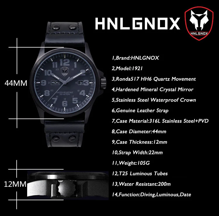 Hnlgnox Men Pilot Watch 44mm Sport Watch Military Black 20ATM Waterproof Quartz Wristwatch Luminous Dual Calendar Week Date