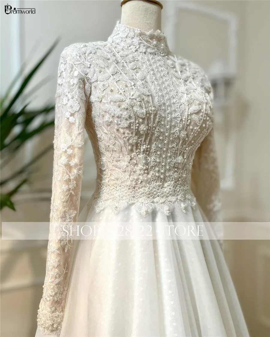 Princesa frança vestidos de casamento para noiva 2025 a linha rendas dubai muçulmano vestido de noiva com mangas vestido de casamento