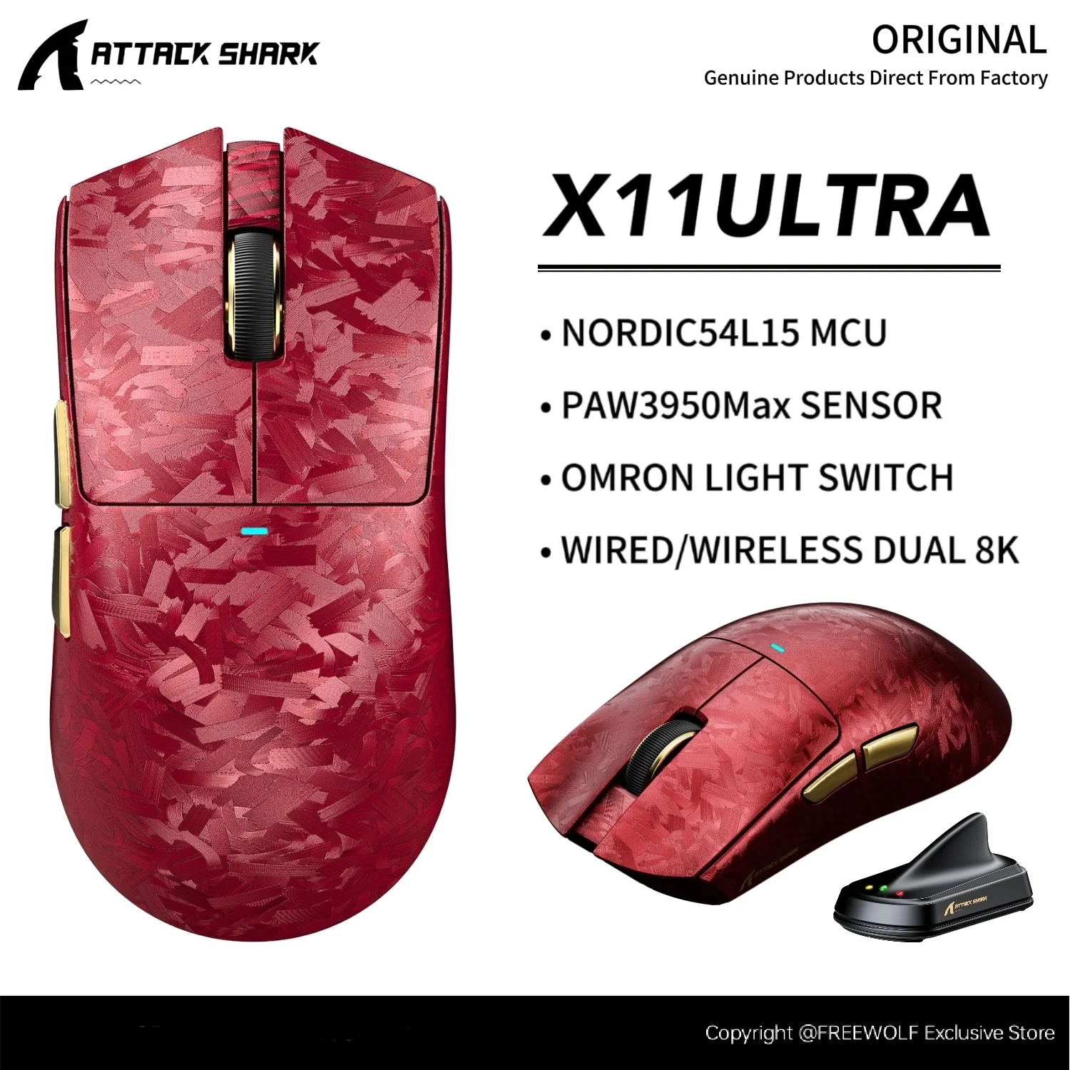 

X11Ultra Bluetooth Wireless Gaming Mouse-8K Shark Receiver,Attack Shark PAW3950Max Sensor,42000 DPI,Carbon Fiber Mouse Texture