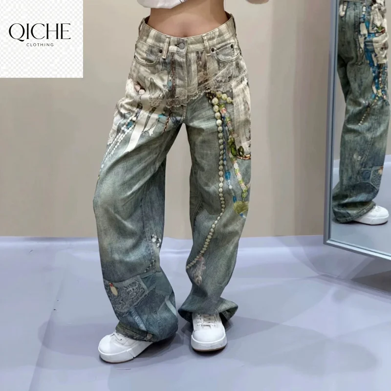 QICHE 3D Printed Denim Pants Unisex Vintage Jeans With Lace Pearl Chain Print Casual Long Trousers
