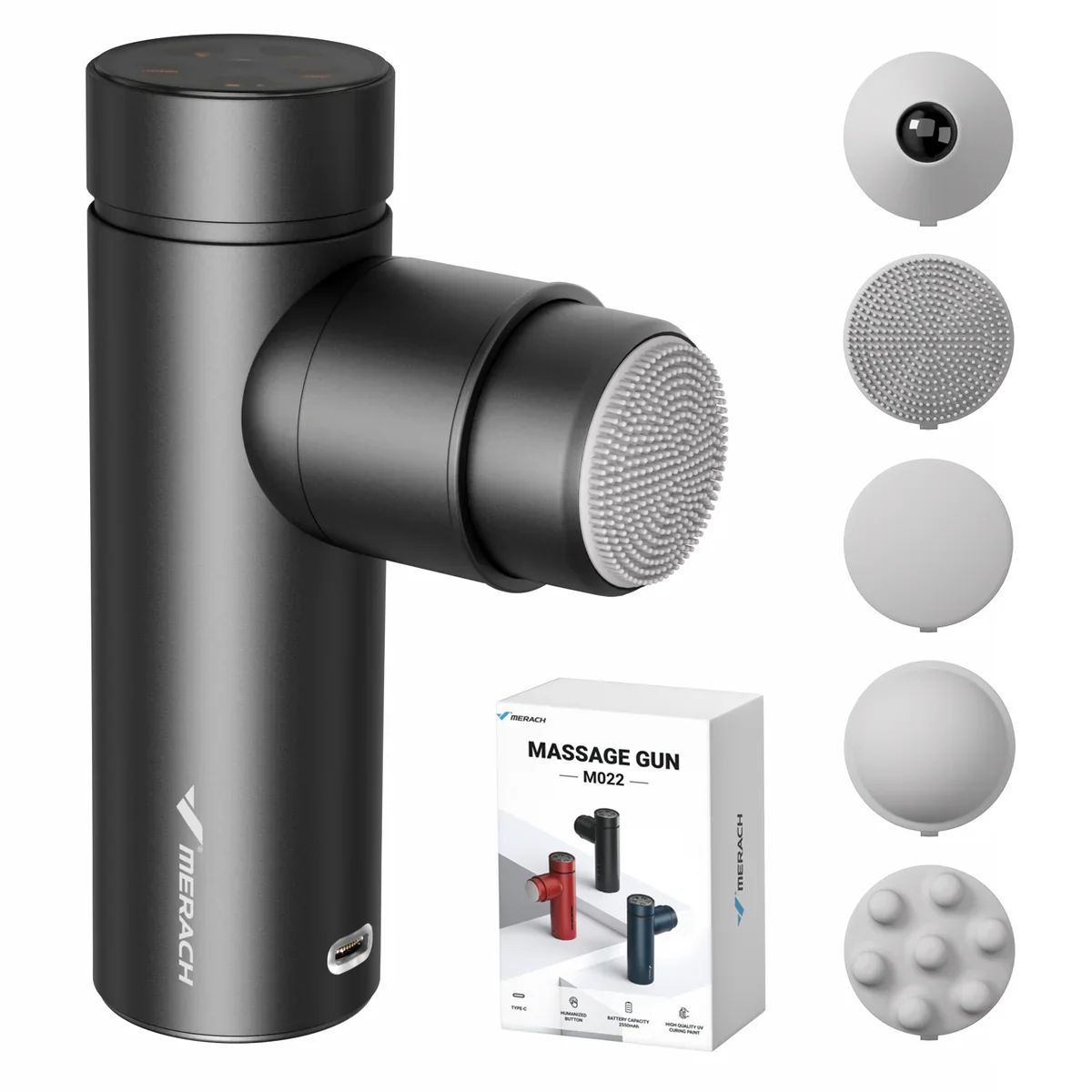 

Портативный ручной массажный пистолет с зарядкой Type-C, 5 сменных силиконовых насадок, для массажа всего тела, с мощным бесщеточным мотором.