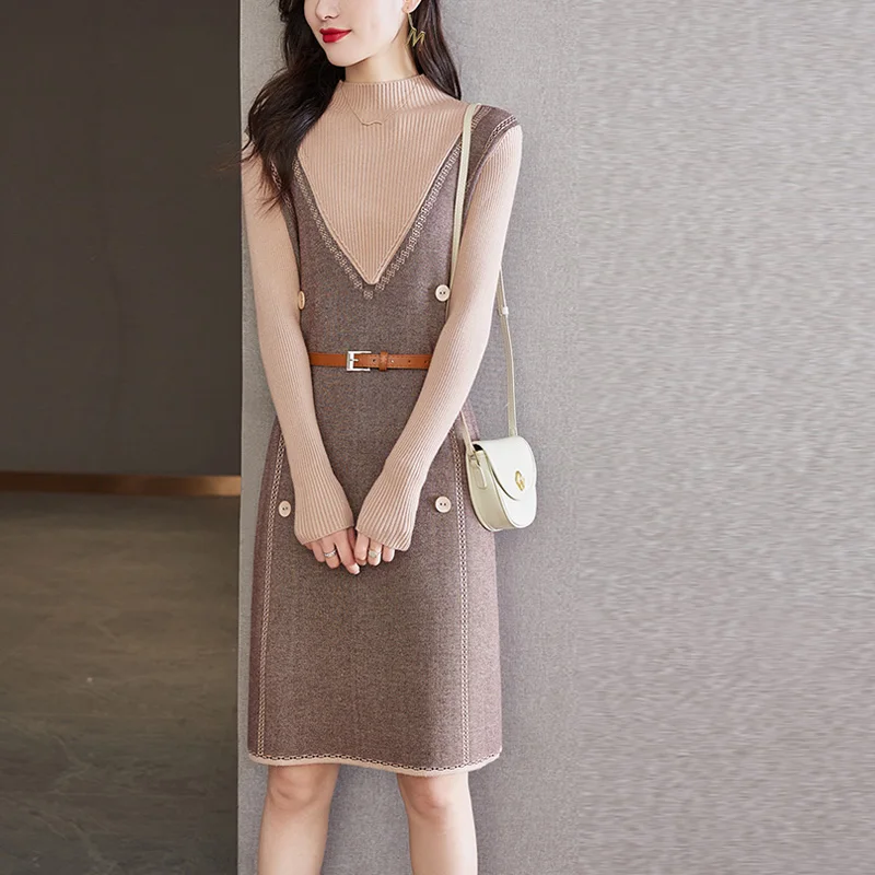 Gaun rajut wanita Retro elegan perca, gaun Sweater wanita panjang selutut, gaun kerah setengah tinggi mode baru 2023, gaun rajut Retro elegan
