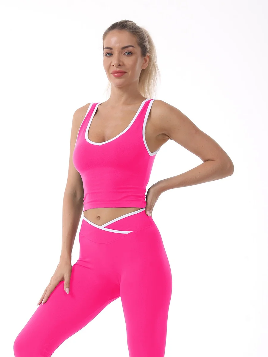 Gilet yoga a vita incrociata color block, top sportivo da donna con protezioni per il petto