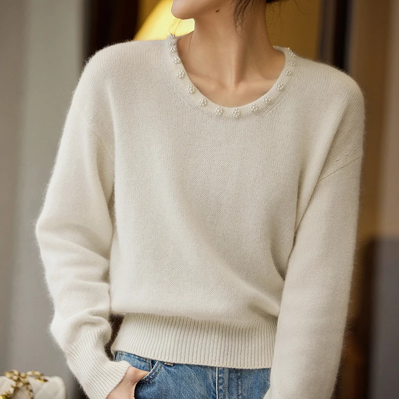 Mode 100% laine mérinos perles exquises col rond pull pull cachemire manches longues couleur unie doux mode vêtements haut