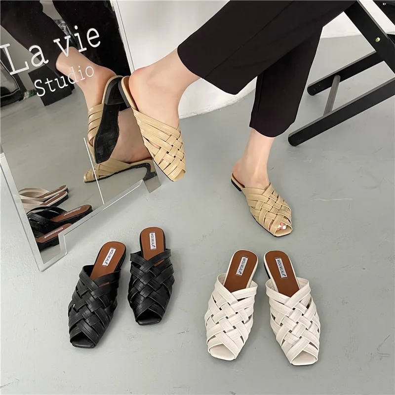 Cover Toe Mules For Women 2024 Shoes Female Slippers Low Slides Fashion Square New Flat Luxury Fabric Hoof Heels Rome PU Spring