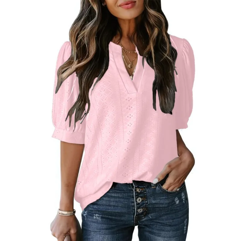 プラスサイズ 1XL-5XL 女性のファッショナブルな V ネック無地ブラウスレディースカジュアル快適な半袖シャツ