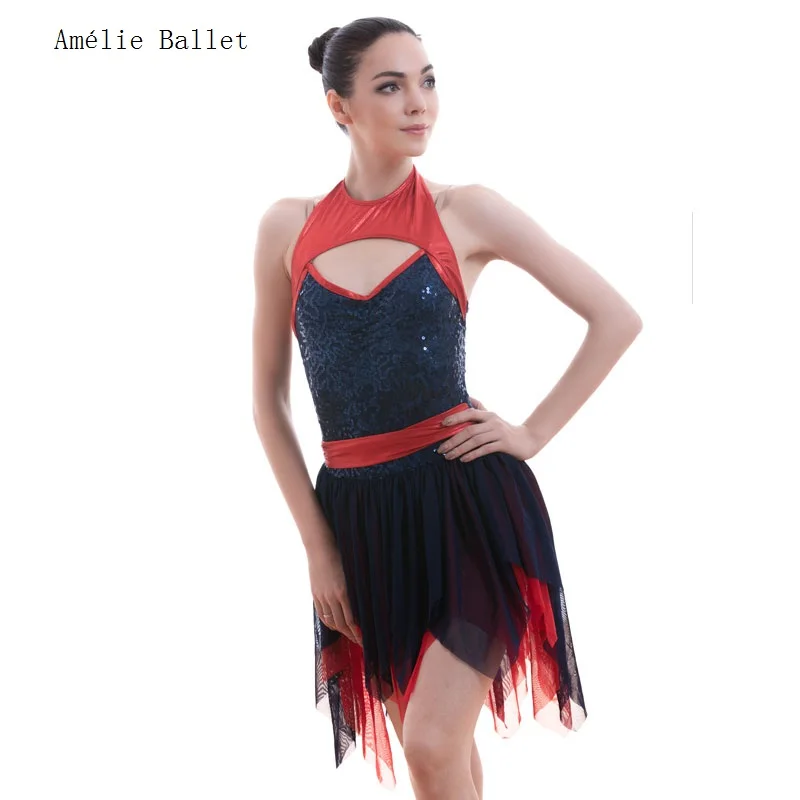 

18706 Navy Blue Sequin and Red Spandex Bodice Ballet Costume Dress Women and Girls Lyrical & Contemporary Dress Dance Costume