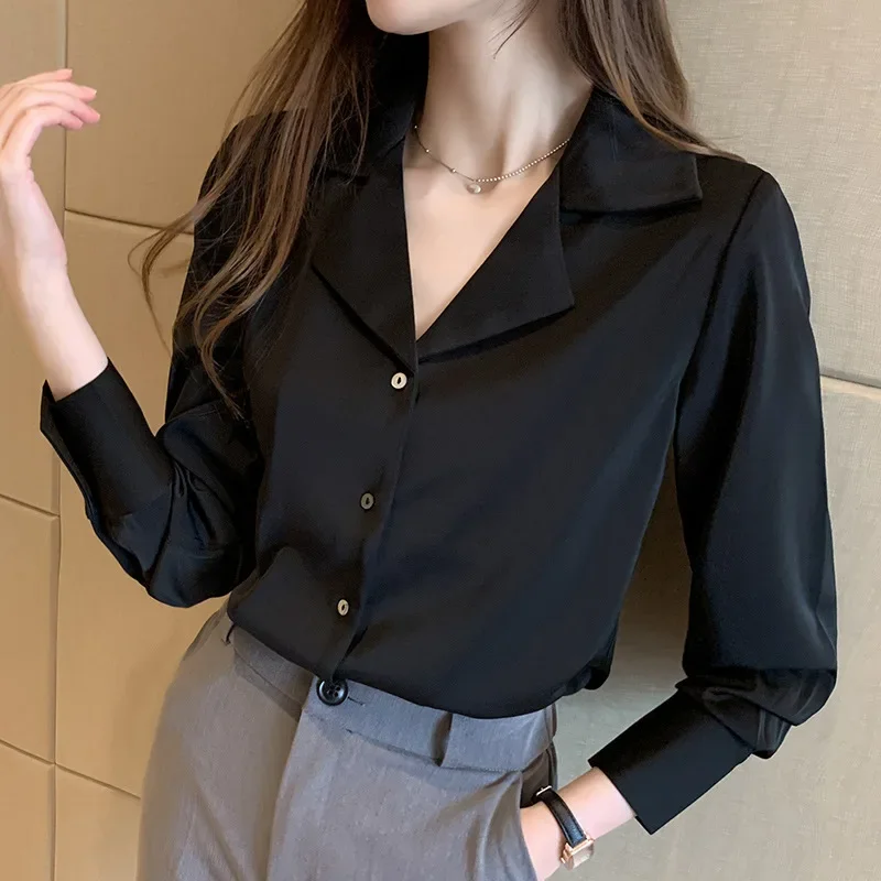 Autumn 2024 Women's Satin Shirt OL Silk Design Suit Collar Hong Kong Style V-neck Slim Fit Button up Casual Fashionable Top