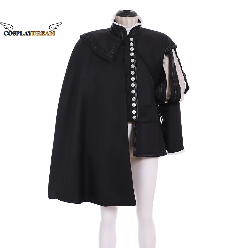 

Black Renaissance Medieval Tudor Elizabethan Cosplay Costume Adult Men Tudor Prince Military Coat with Cloak