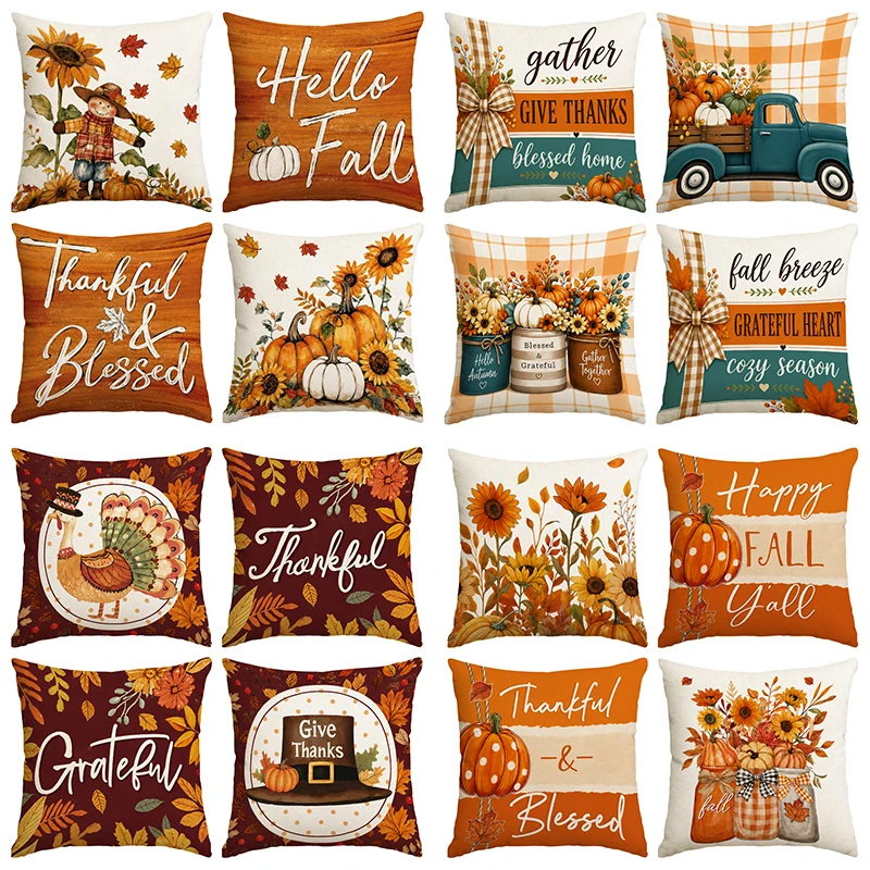 4pcs Autumn Thanksgiving Pillow Cover, Pumpkin Bow Scarecrow Pattern Pillowcase, 18x18 inches (no pillow core)